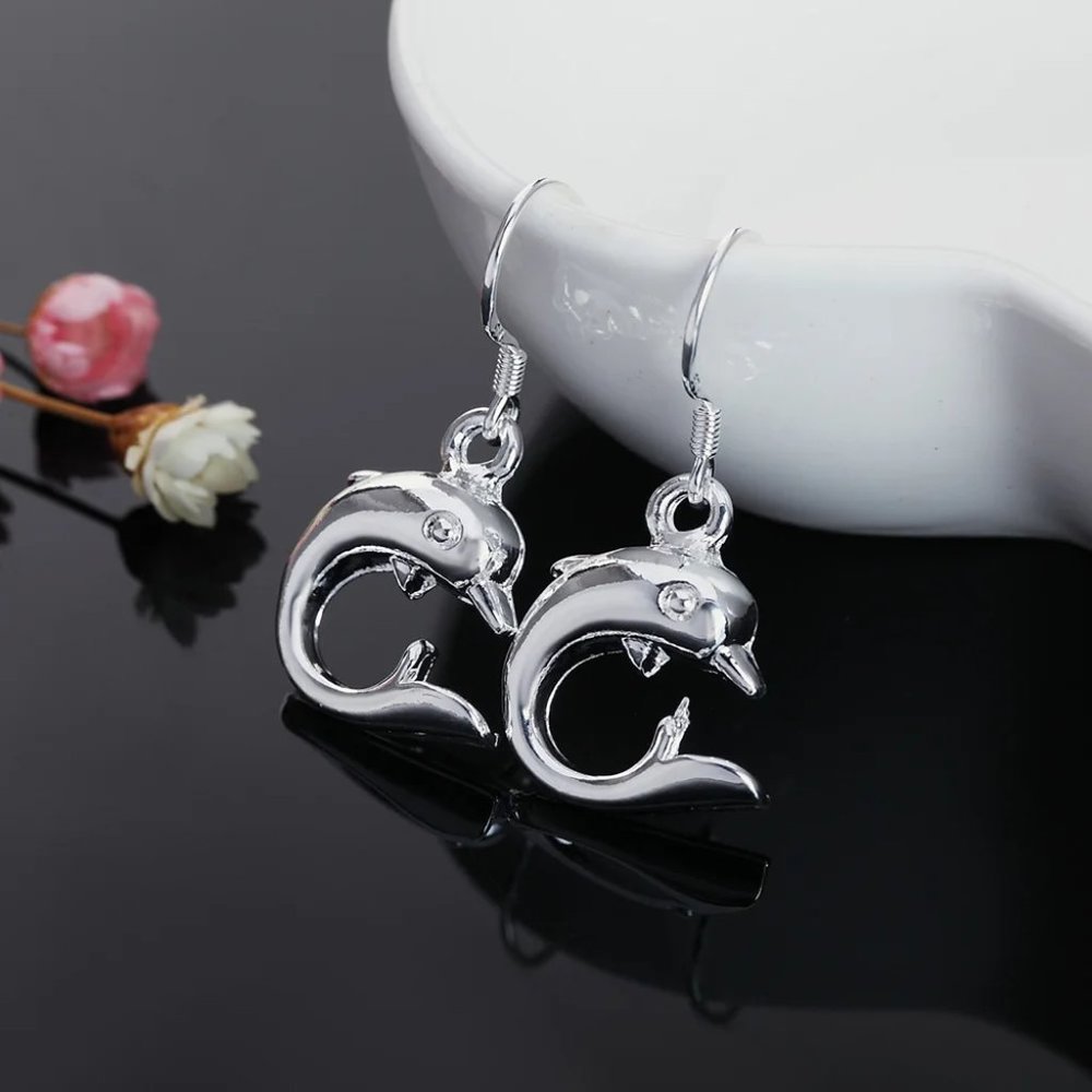 Cute Little Dolphin Drop Earrings " Hypoallergenic " Solid Sterling Silver - Picture 2 of 6